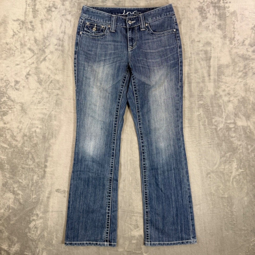 INC Denim Boot Leg Jeans Women's Size 4 Blue Rhinestone Studded Denim Pants